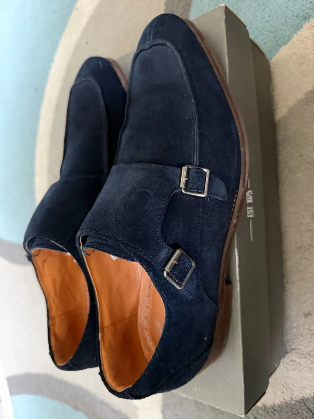 Stacy Adams Navy Suede Double Monk Strap Oxfords with Tan Lining